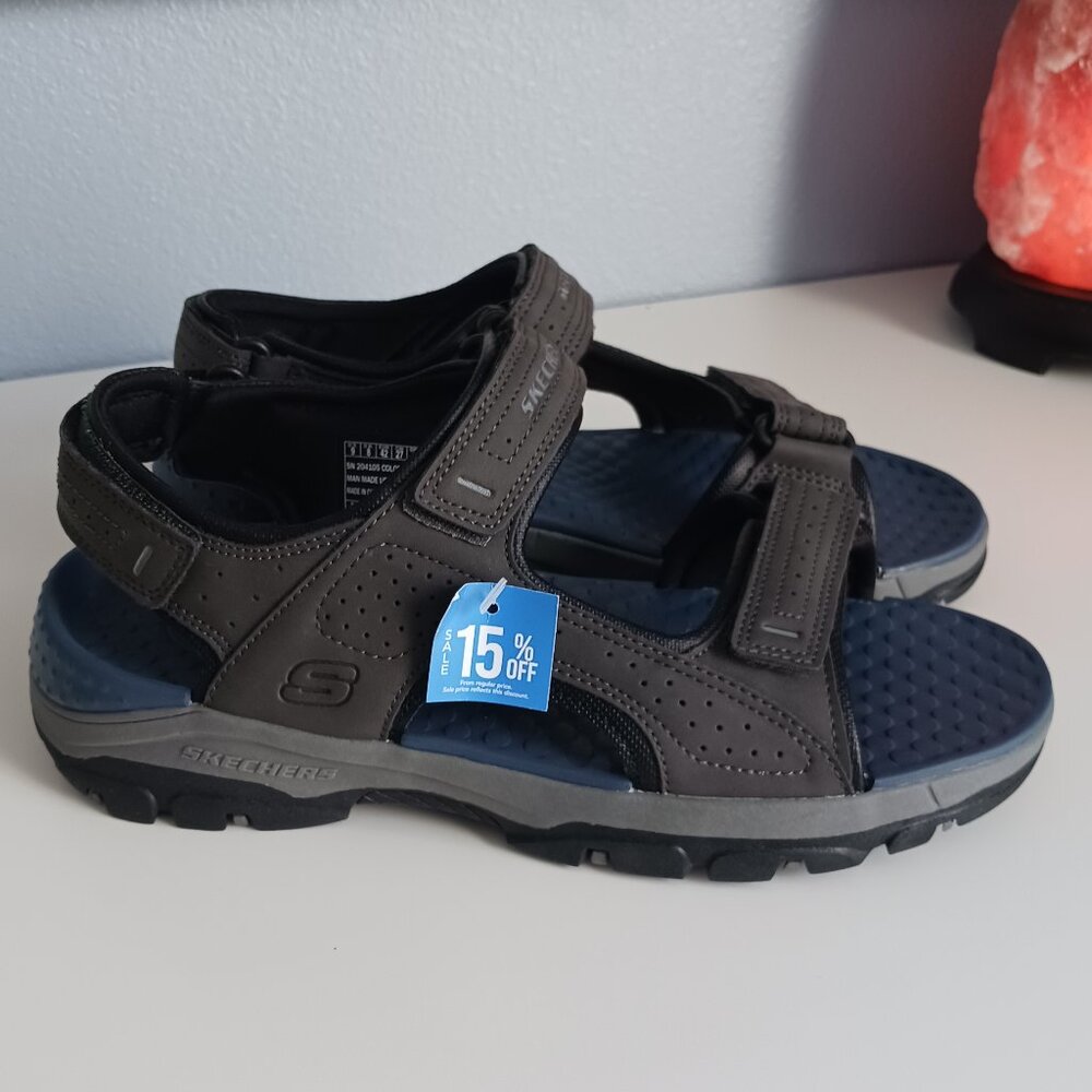 Men's Skechers Sandals Velcro Steady Grip Sole Charcoal and Blue New With Tags